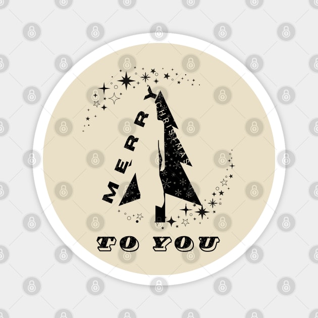 Merry Christmas to you black Christmas tree with snowflakes and a silhouette of a woman among black and white stars in a minimalist black and white Christmas composition Magnet by PopArtyParty